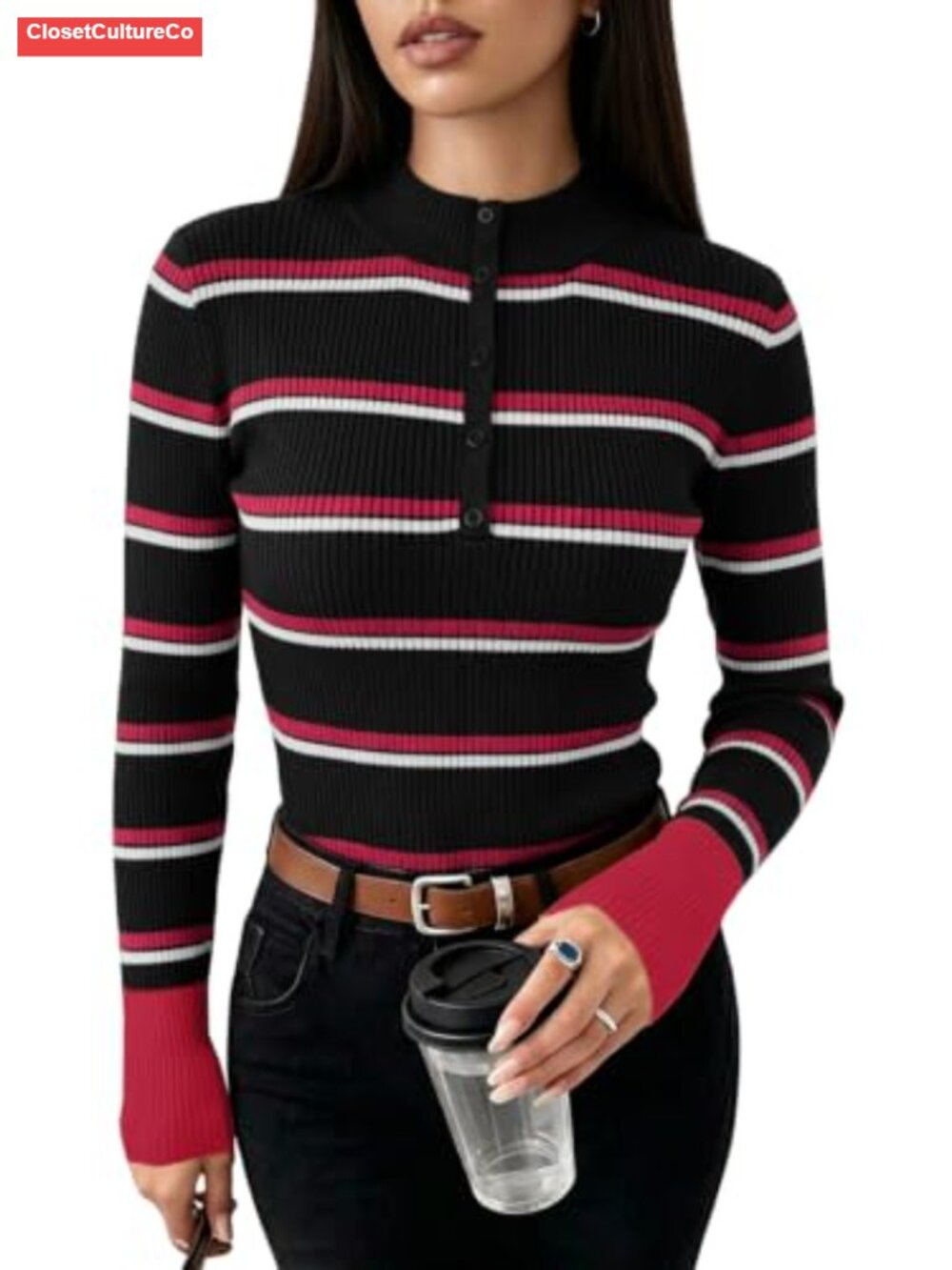 Women's Turtleneck Striped Slim Fit Ribbed Knit Pullover Sweater